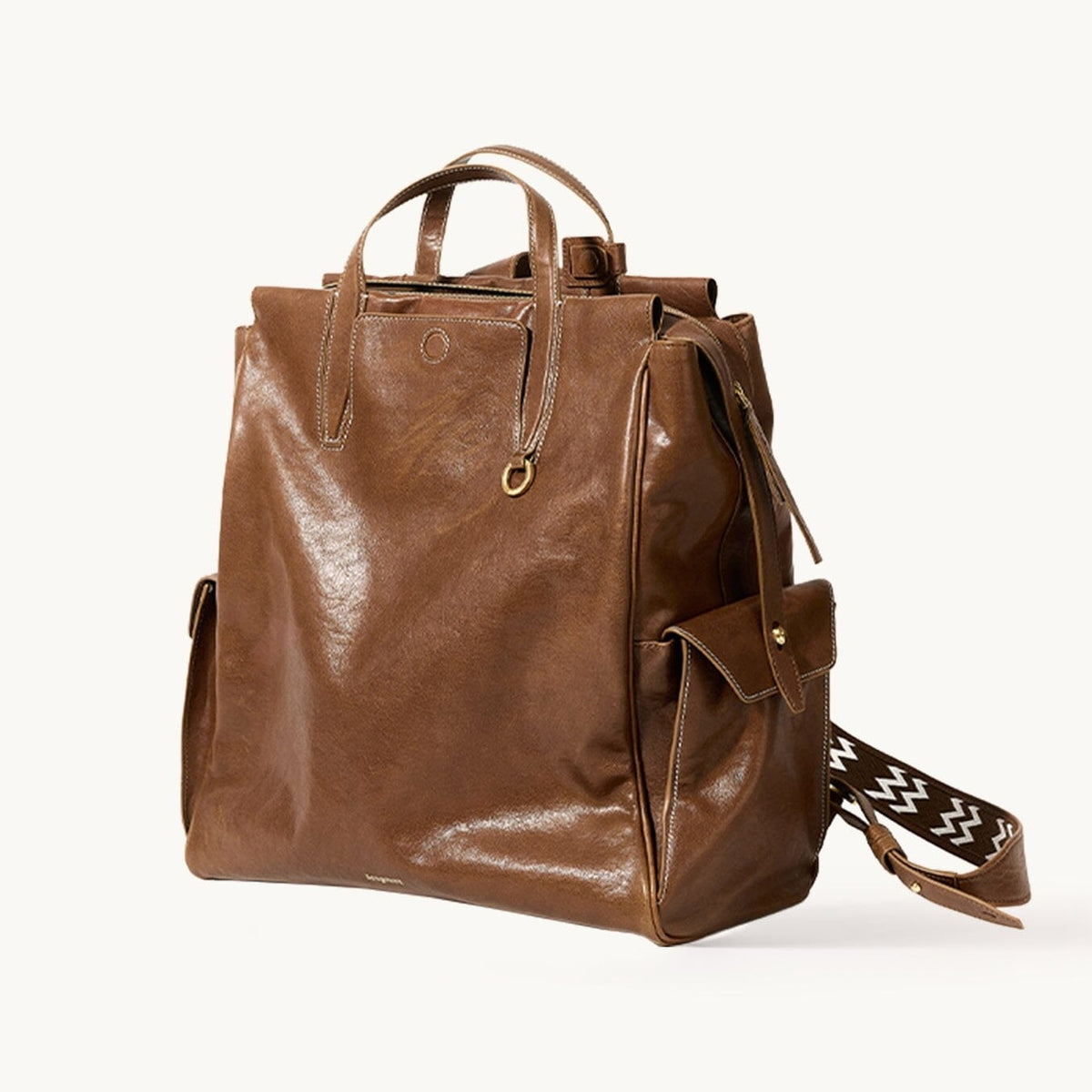 Songmont Large Yore Backpack Sandal - chestnut brown leather backpack with patterned strap