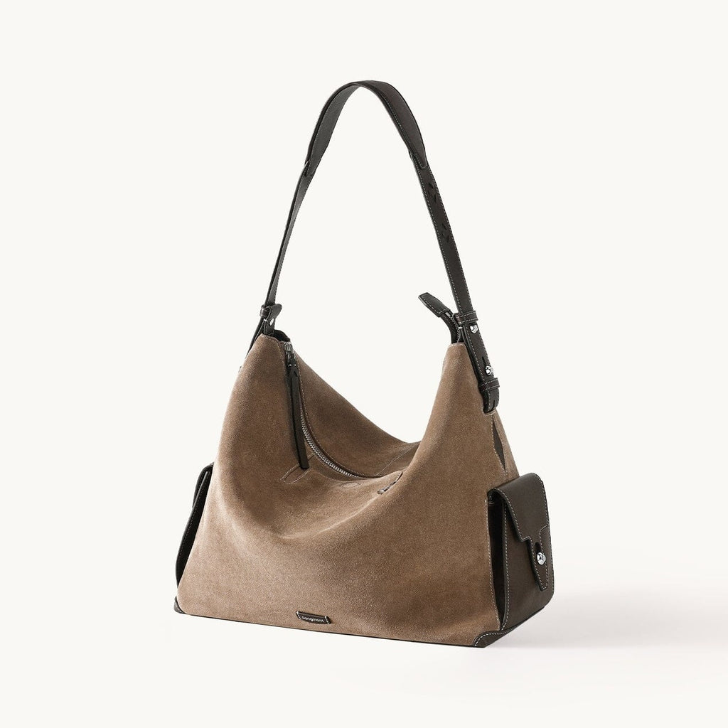 Songmont Large Yore Hobo Bag Stone - taupe hobo with dark leather side pockets