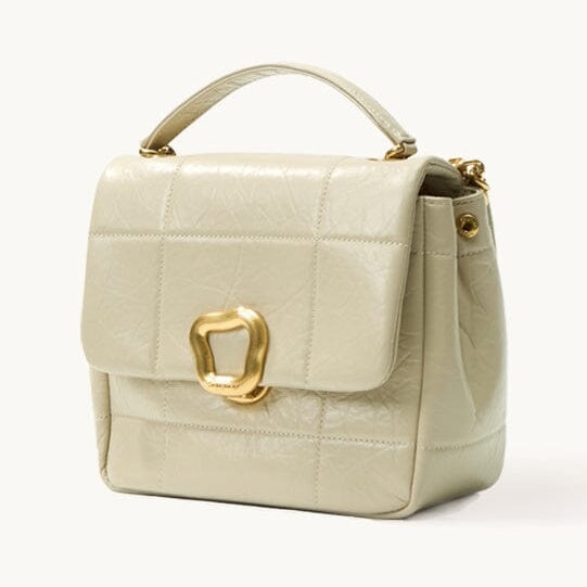 Songmont Medium Chocolate Bag Pearl Grey - pale quilted flap bag with gold clasp and top handle