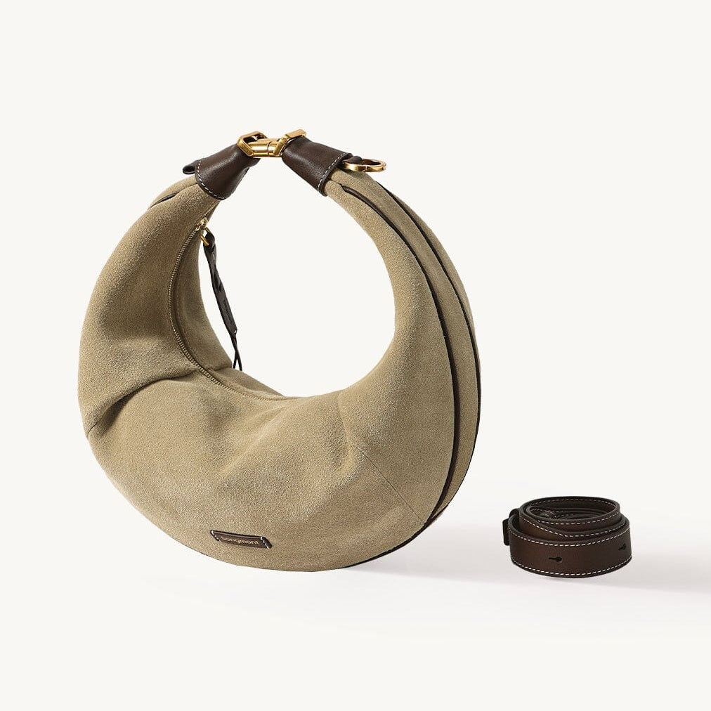 Songmont Medium Luna Hobo Bag Dune Suede - suede crescent bag with brown strap coiled beside it