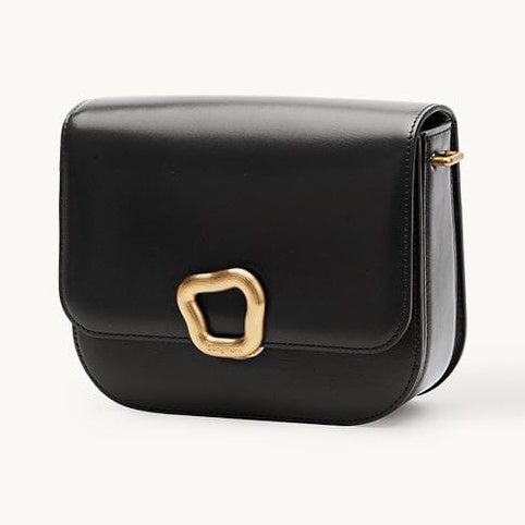 Songmont Medium Reset Tofu Bag Onyx - black calf leather flap bag with gold ring