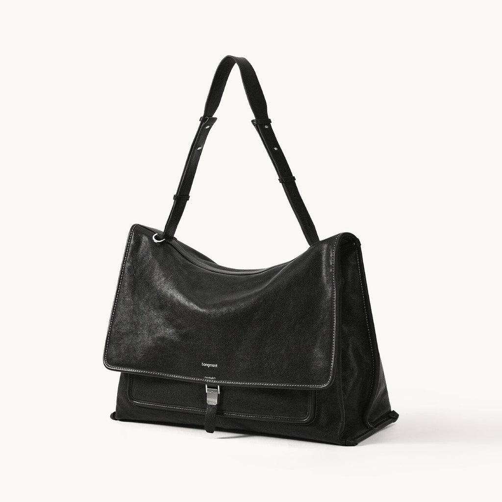 Songmont Medium Shan Messenger Bag Onyx - black flap messenger with long strap