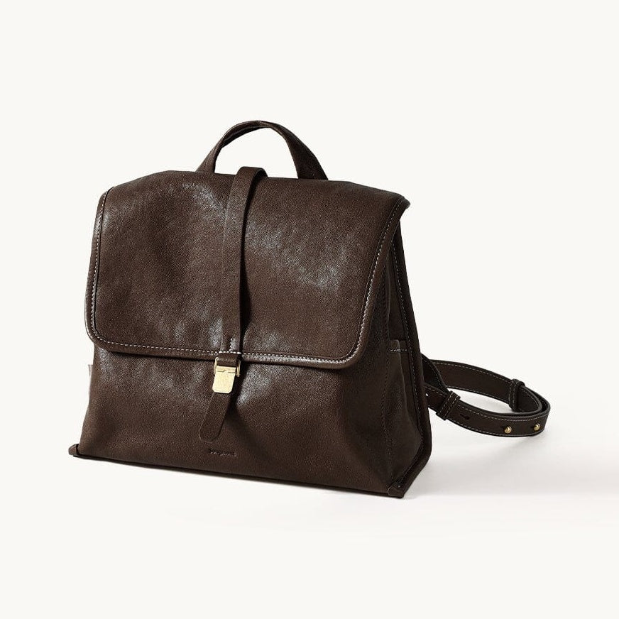 Songmont Mini Shan Backpack Drab - chocolate brown leather backpack with gold buckle