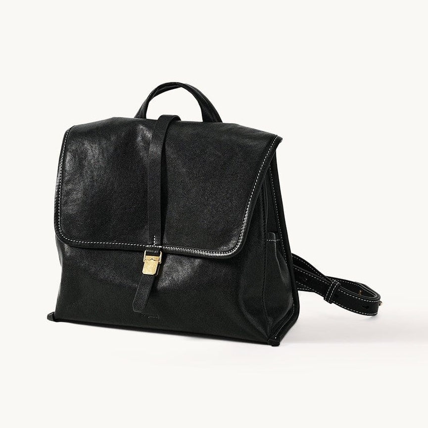 Songmont Mini Shan Backpack Onyx - black leather backpack with gold buckle