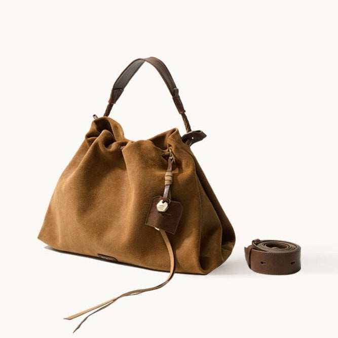 Songmont Small Gather Bag Ochre Suede - front view with strap