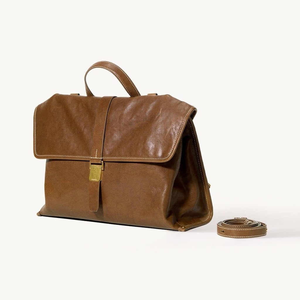 Songmont Small Shan Backpack Sandal - tan brown leather backpack with book clasp and strap