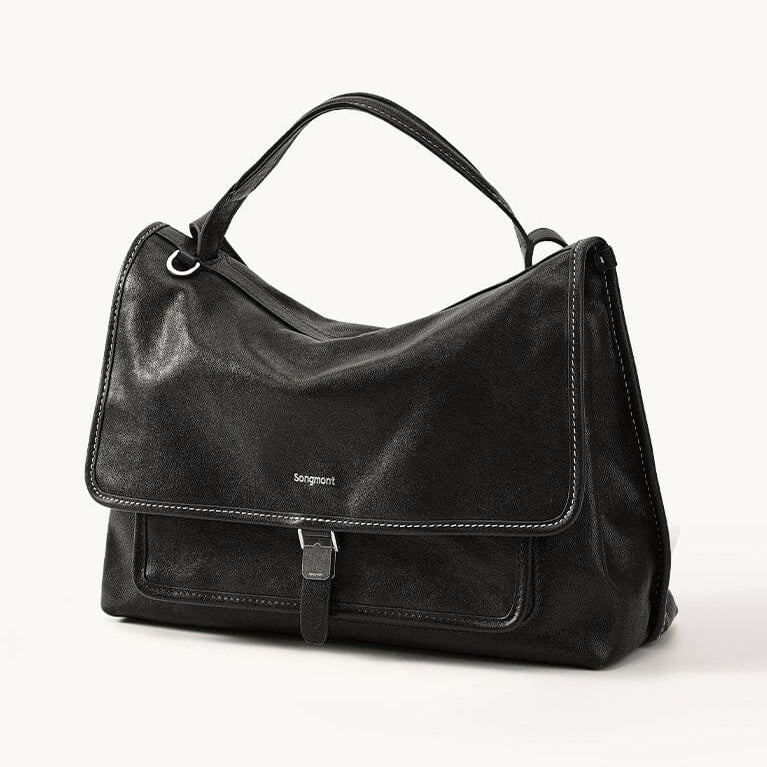 Songmont Small Shan Messenger Bag Onyx - black flap bag with top handle and front pocket