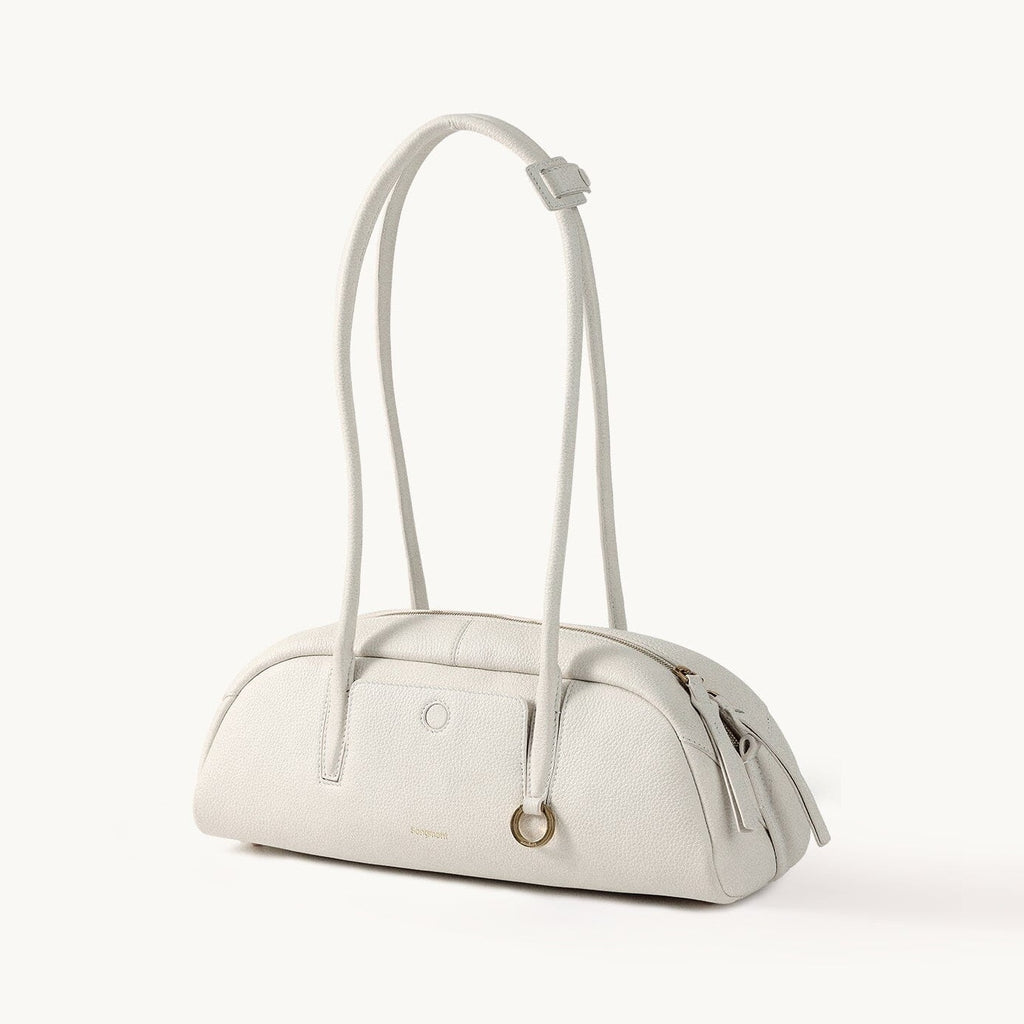 Songmont Small Yore Toast Bag Cloud - cream-white leather shoulder bag, angled front view