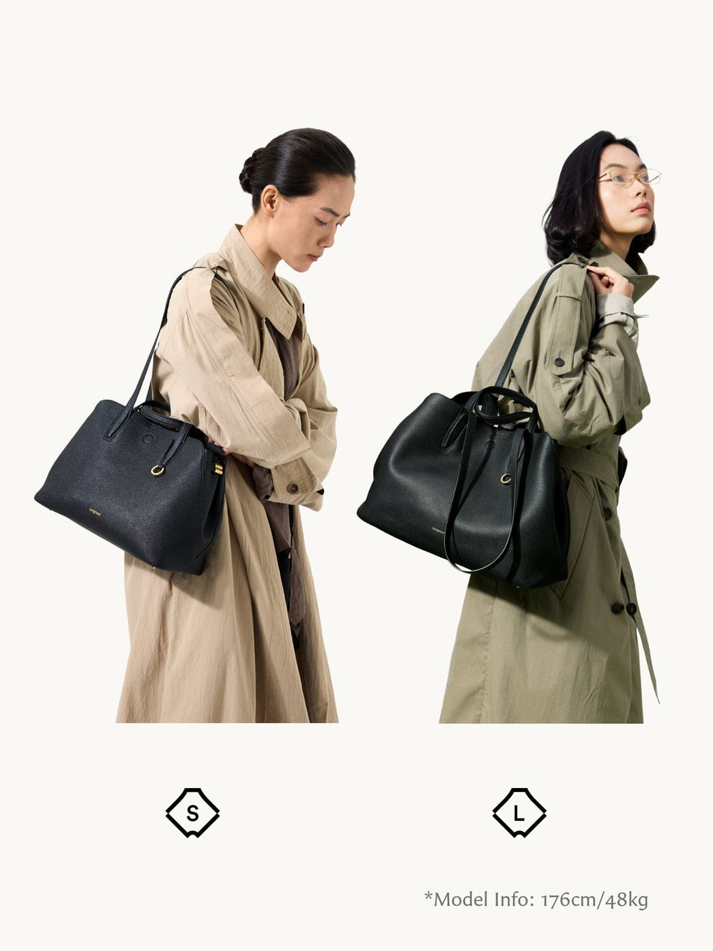 Songmont Yore tote bags - small and large sizes worn side by side