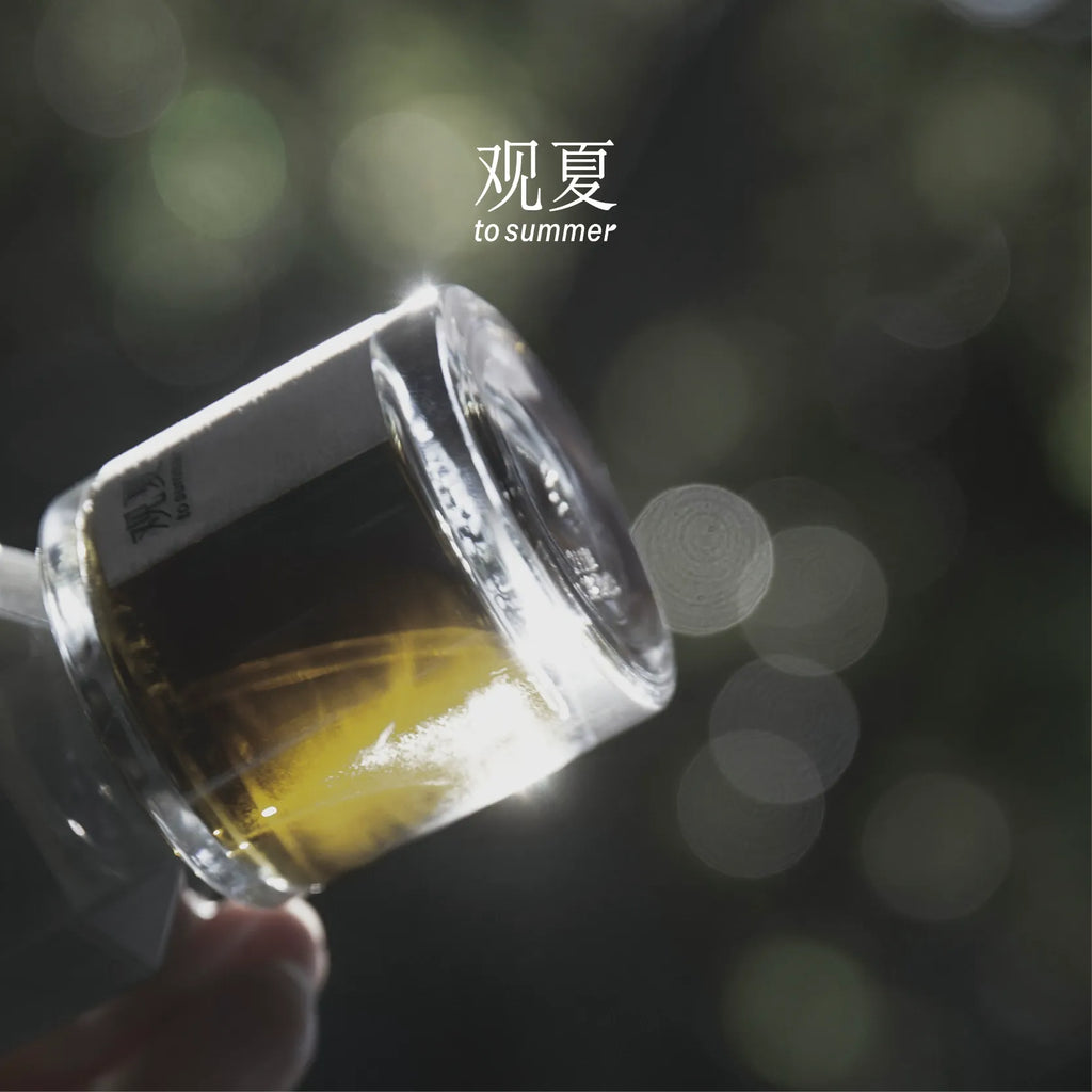 TO SUMMER Void Eau de Parfum bottle tilted in hand, amber tea-toned liquid