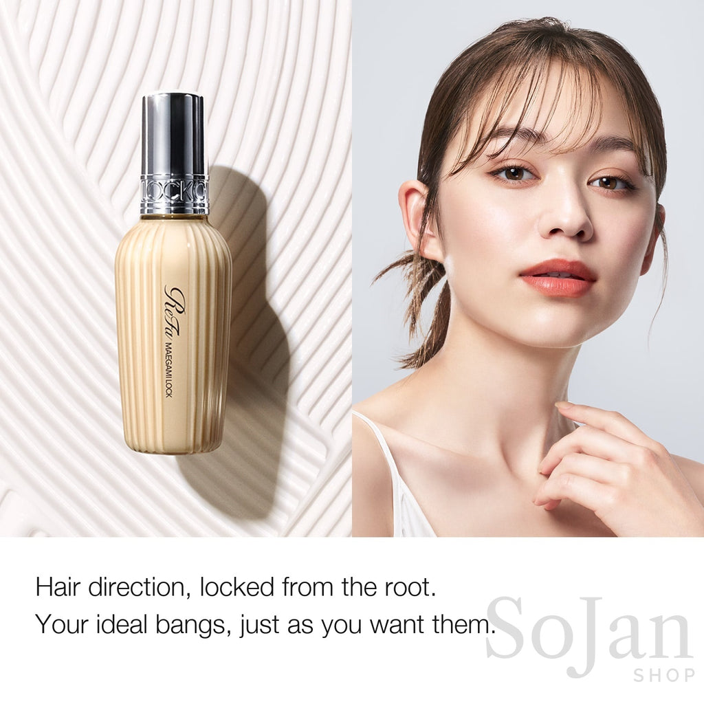 ReFa Maegami Lock 100ml bottle beside model with bangs