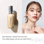ReFa Maegami Lock 100ml bottle beside model with bangs