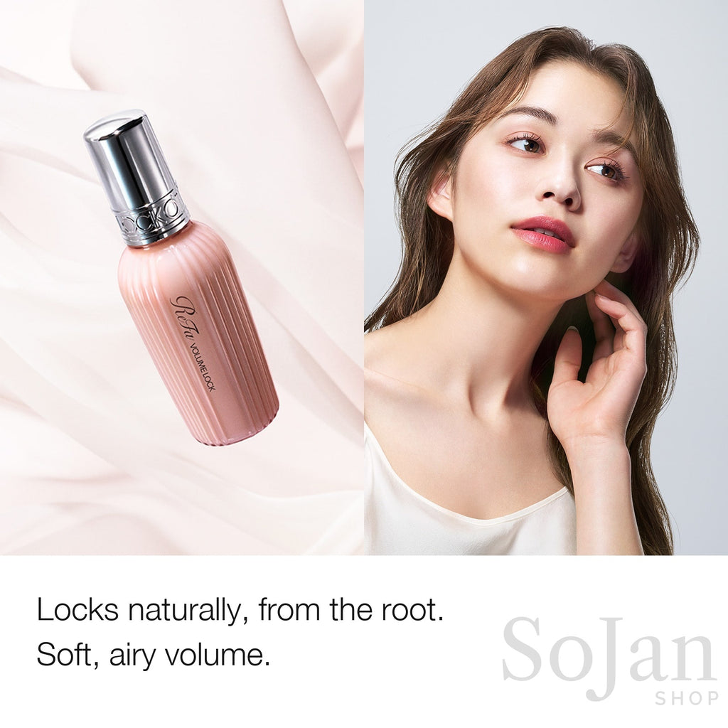 ReFa Volume Lock 100ml bottle beside model with soft volume