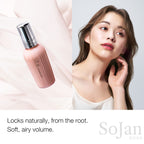 ReFa Volume Lock 100ml bottle beside model with soft volume