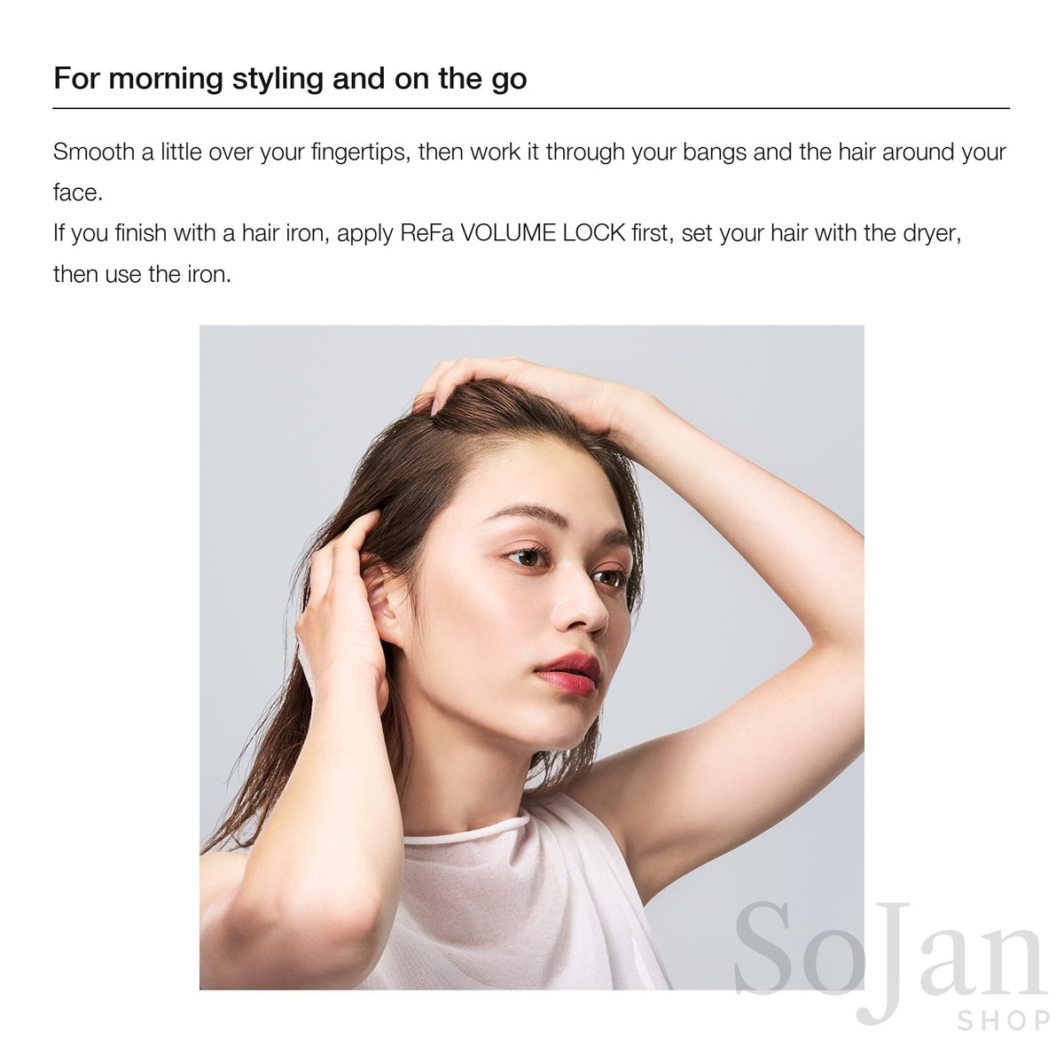 Styling with ReFa Volume Lock 100ml, hand lifting the roots